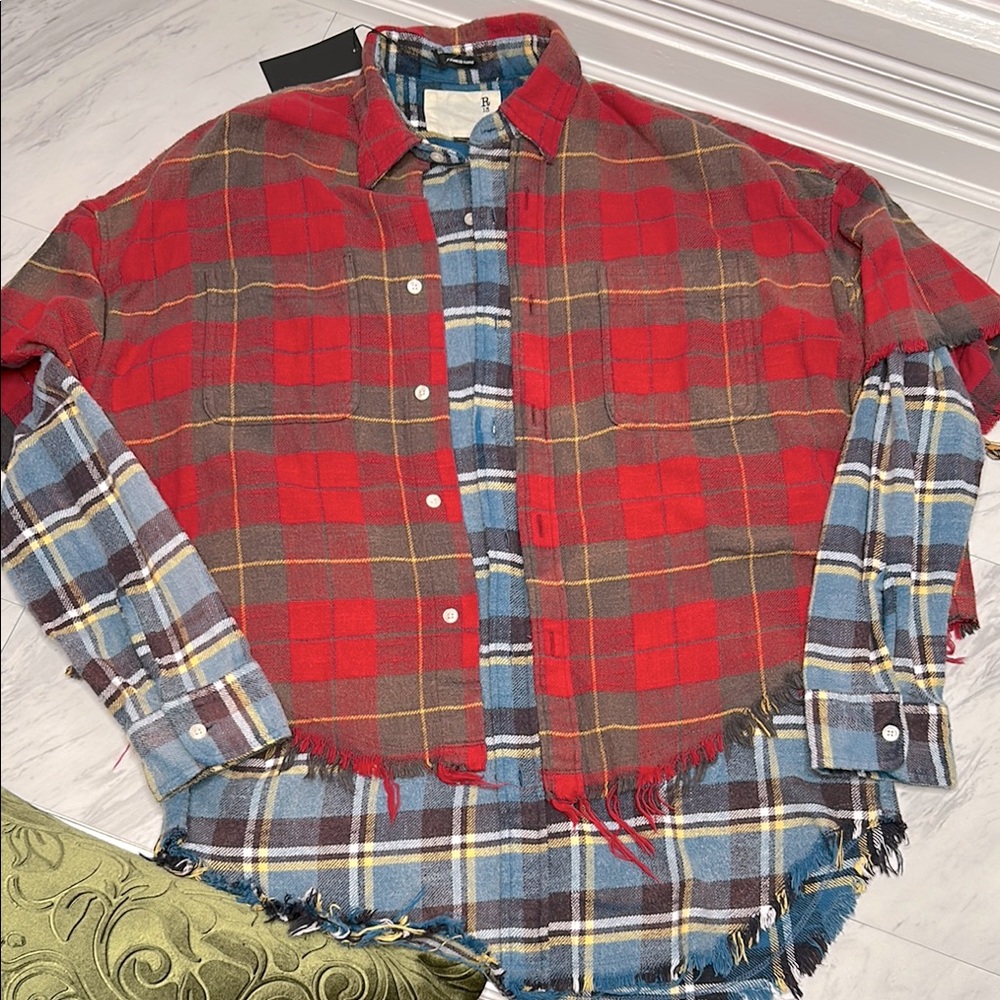 R13 Double Red and Blue Button Down Flannel - Picture 2 of 9